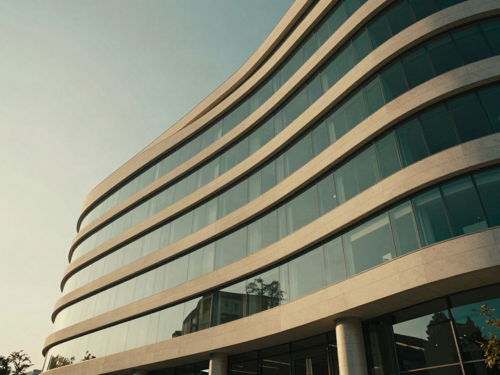 An upward perspective of a contemporary glass and stone office building in warm light