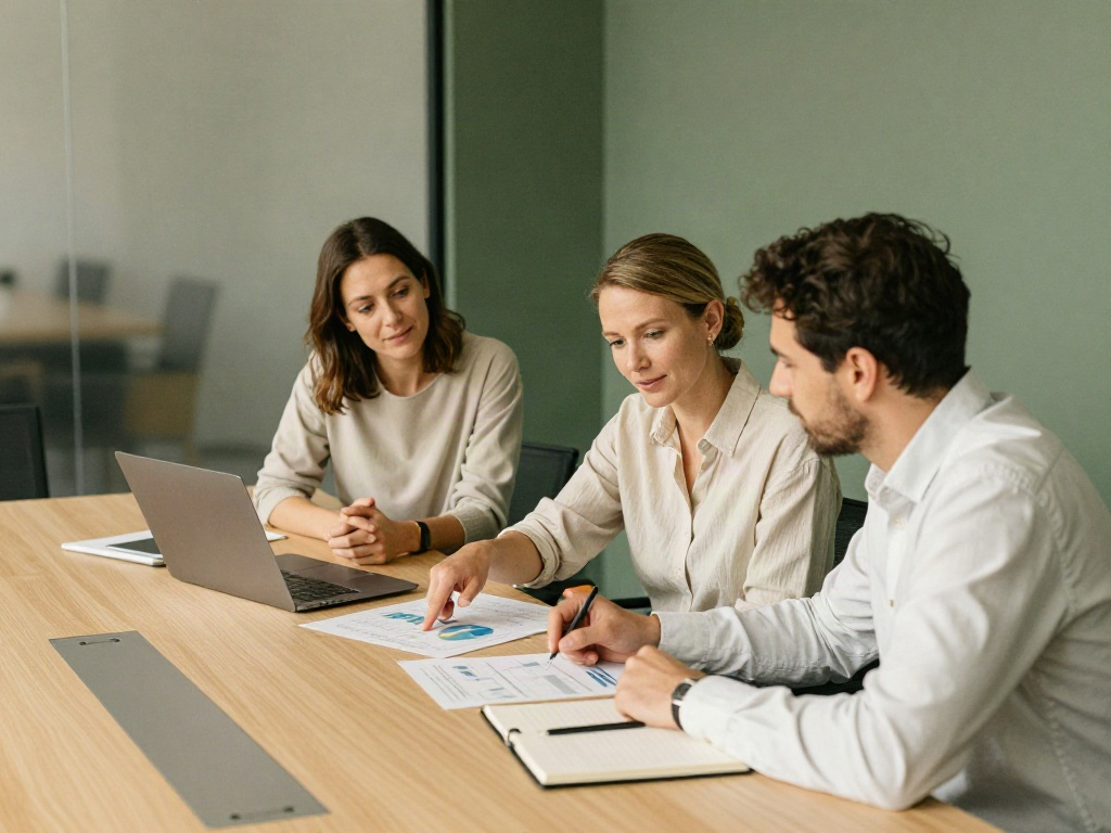 Three business strategists reviewing charts together around a boardroom table